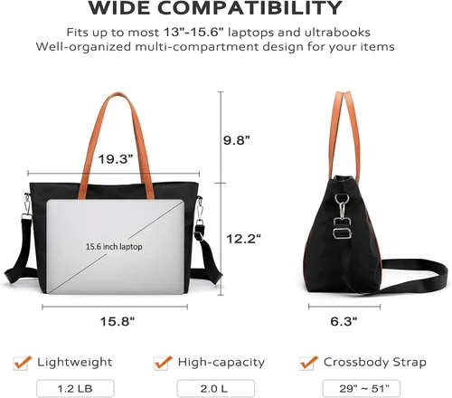 Vista 5 de Bolsa de mano impermeable ligera para mujer, maletín de nailon para computadora de trabajo, hombro para laptop de 15.6 pulgadas, XL