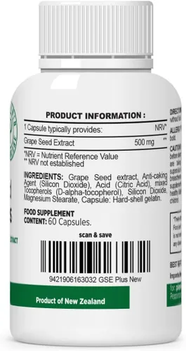 Vista 2 de Extracto de semilla de uva Plus-Vitis Vinifera (60 cápsulas) - 60.000 mg de fuerza, 60 cápsulas veganas, 465 mg de polifenoles (proantocianidinas)