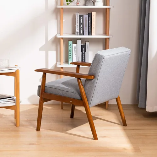 Vista 4 de UNICOO Silla de ocio con reposabrazos de madera maciza, silla de salón de madera tapizada de tela, sillas modernas para sala de estar (U205-gris)