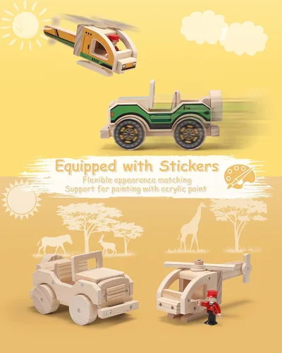 Vista 2 de SainSmart Jr. Kit de construcción de carpintería, juego de proyectos STEM 2 en 1 para niños, juguetes de montaje de manualidades de madera