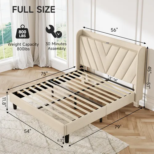 Vista 2 de koorlian Marco de cama tamaño matrimonial, Marco de cama tamaño matrimonial con cabecero, Marco de cama tapizado ajustable con puerto tipo C y USB