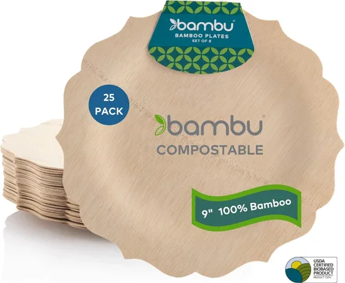 Vista 12 de Bambu Paquete de 25 platos desechables de bambú de 7 pulgadas elegantes, productos biodegradables y ecológicos, platos desechables de bambú
