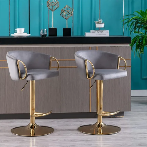 Vista 5 de Juego de 2 taburetes de bar, sillas de bar giratorias de terciopelo con reposapiés y base cromados, taburete de bar de elevación mecánica ajustable