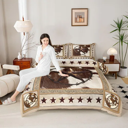 Vista 2 de Juego de edredón para niños con estampado de piel de vaca rústica, tamaño individual, juego de ropa de cama vintage de tablones de madera del oeste