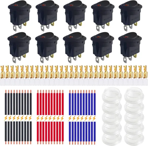 Vista 16 de Ampper - Interruptores basculantes redondos impermeables de 12 V y 20 A, CC de 3 pines, 0.787 in, iluminados en apagado, con cables y terminales Rojo