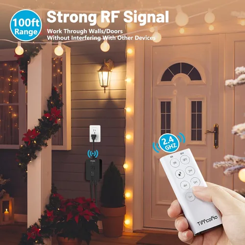 Vista 4 de TiFFCOFiO Temporizador para exteriores impermeable, control remoto con sensor de atardecer a amanecer, 2 tomas eléctricas con conexión a tierra