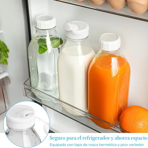 Vista 5 de Paquete de 2 botellas de leche de vidrio con 2 tapas dispensadoras, tapa de rosca 100% hermética de servicio pesado. ¡Jarra de agua de vidrio