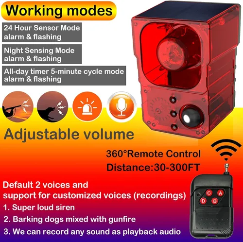 Vista 5 de Alarma solar con sensor de movimiento para exteriores - Ladridos de perros, disparos y sonidos de sirena para exteriores e interiores.