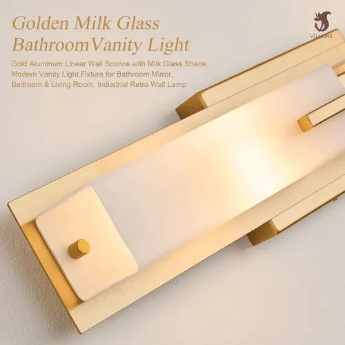 Vista 4 de VitaLink Lámpara de tocador dorada, 23.6 pulgadas, moderna lámpara de pared de baño sobre espejo de tocador de vidrio esmerilado con 2 luces