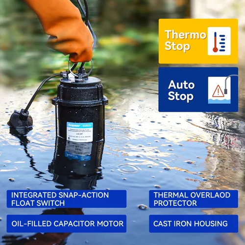 Vista 3 de Acquaer 3/4HP Bomba sumergible de efluentes de aguas residuales, hierro fundido, interruptor de flotador automático amarrado de 115V 6400 GPH, bomba