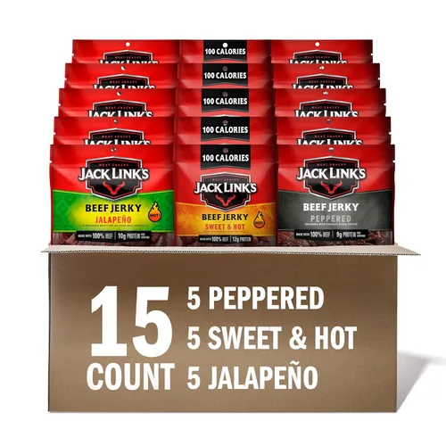 Jack Link's Paquete variado de carne seca de res, incluye dulce y caliente, jalapeño y cecina picada, paquete de bocadillos de proteína a granel,