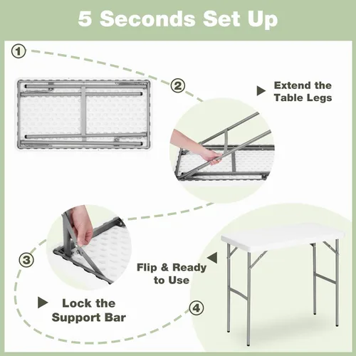Vista 7 de Mesa plegable rectangular de 3 pies para todas las ocasiones, mesa plegable con mesa de polietileno de alta densidad y patas de acero, mesa plegable