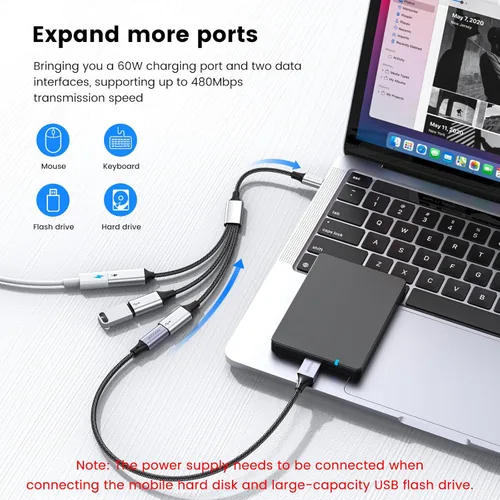 Vista 4 de MOGOOD Divisor USB C, cable Y USB C de 3 puertos, 1 macho a 3 hembras, paso de carga PD de 60 W y transferencia de datos, para Steam Deck, iPad Pro