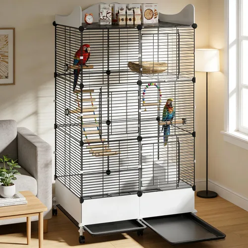 Vista 6 de Jaula cifrada para pájaros grandes de 57 pulgadas, espacio de almacenamiento superior, protector de salpicaduras inferior con suministros esenciales