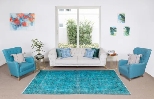 Vista 2 de 6.3x10 Ft Handmade Vintage Turkish Rug Over-Dyed in Teal for Modern