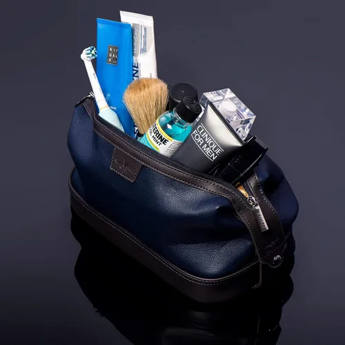 Vista 4 de Vetell Leo Large Leather Men's Travel Toiletry and Shaving Case Bag with Upper and Lower Zippered Compartments, 3 Interior Loops and Carrying Handles