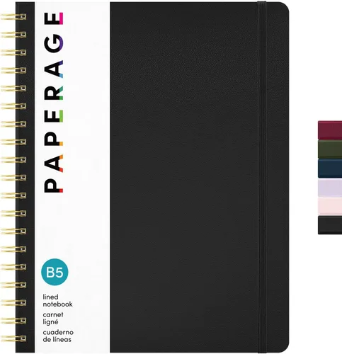 PAPERAGE - Libreta de espiral con líneas, tipo diario (color negro), 160 páginas, diario grande de tapa dura B5 para mujeres y hombres, 10 x 8.15