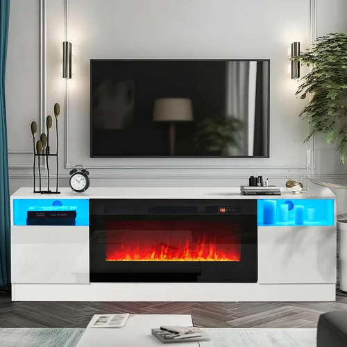 Vista 2 de oneinmil Soporte de TV para chimenea con chimenea eléctrica de 36", centro de entretenimiento con luz LED, gabinete de almacenamiento moderno