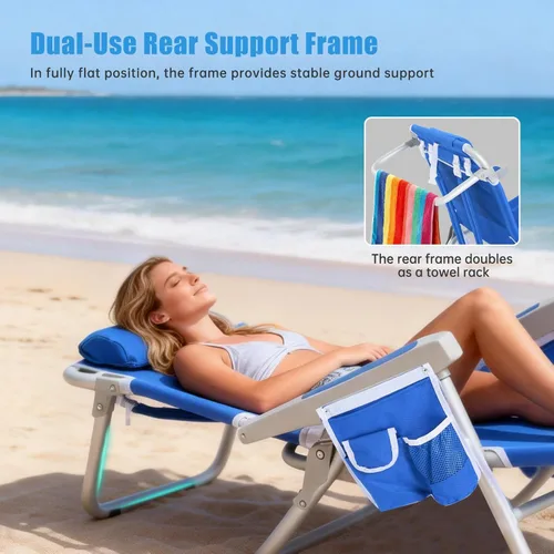 Vista 7 de SUNNYFEEL Silla de Playa Baja de 5 Posiciones Completamente Reclinable, Sillas de Playa Plegables Portátiles Tipo Mochila Resistentes con Bolsa