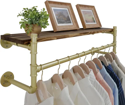 Vista 24 de WEBI Perchero de pared con estante, perchero industrial de 24 pulgadas con estantes, barra de ropa de hierro resistente, barra de ropa de exhibición