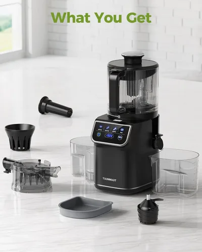 Vista 10 de TUUMIIST Exprimidor de prensa en frío 3 en 1, exprimidores de masticación Smart Touch para frutas y verduras enteras, exprimidor lento de 6.5
