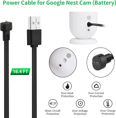 Vista 3 de Paquete de 2 adaptadores de corriente para Google Nest Cam (batería), con cable de carga resistente a la intemperie de 16.4 pies (16.4 ft) que Negro
