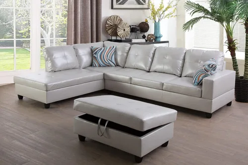 Vista 21 de Juego de sofá seccional de cuero negro para sala de estar, sofá seccional de piel sintética negra de 105 pulgadas, sofá en forma de L con otomana