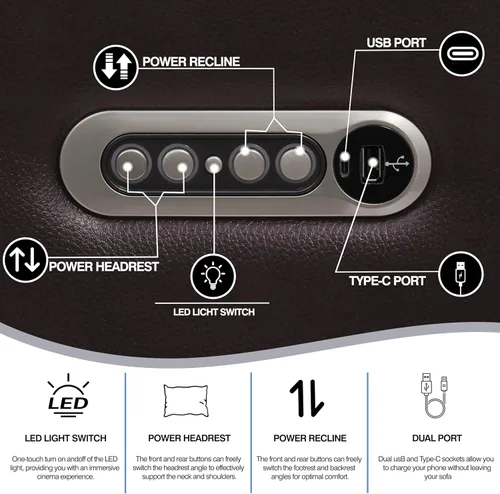 Vista 6 de THSUPER Sofá reclinable de cuero marrón para sala de estar, juegos de muebles con almacenamiento de brazos y reposacabezas eléctrico, juego de sofá
