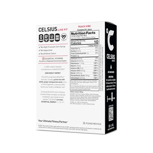 Vista 2 de CELSIUS Para Llevar VIBRACIÓN DE MELOCOTÓN, Mezcla de Bebida Energética Sin Azúcar (14 Sobres por Paquete)