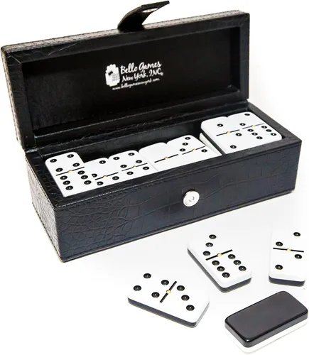 Bello Games New York, Inc. Flushing Meadows Double Six - Juego de dominó de torneo de dos tonos con spinners en una funda de cuero sintético negro