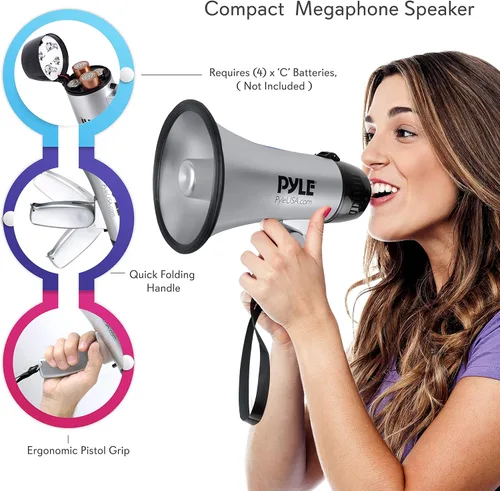 Vista 4 de Pyle -PRO Altavoz portátil megáfono sirena Bullhorn + baterías Energizer MAX C (8 unidades)