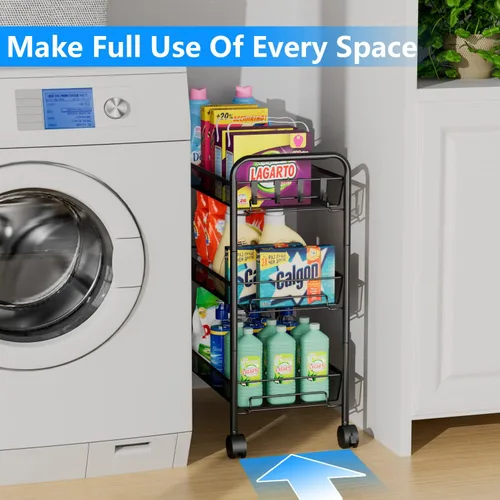 Vista 2 de OVICAR Mesh Wire 3 Tier Rolling Cart, Kitchen Storage Utility Cart, Multifunction Basket Stand for Bathroom, Full Metal Storage Art Trolley Carts