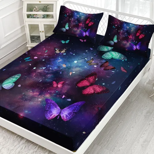 Vista 36 de Juego de sábanas de 4 piezas ajustadas y planas para niñas, estampado de mariposas y flores rosas con 1 + 2 fundas de almohada para cama individual