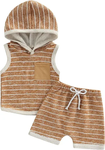 Vista 8 de Conjunto de ropa de verano para bebés y niños pequeños, a rayas, liso/teñido anudado, sin mangas, sudadera con bolsillo y pantalones cortos