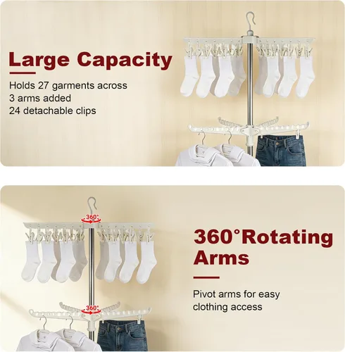 Vista 3 de Estante de secado de ropa, 68.9 pulgadas, 2 niveles, plegable, con 3 brazos giratorios para perchas y clips, de acero inoxidable, para ahorro