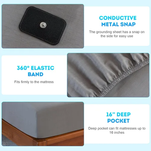 Vista 6 de Grounding Sheets - Sábana bajera ajustable de tamaño completo, 90 % algodón orgánico + 10 % plata pura, bolsillo profundo de 16", conexión a tierra