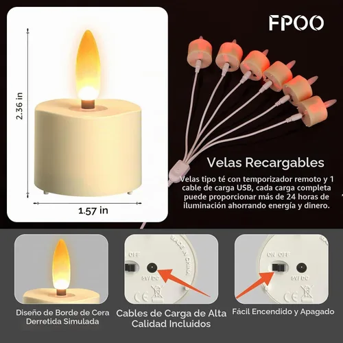 Vista 7 de FPOO Velas de té recargables con temporizador remoto, 6 velas votivas sin