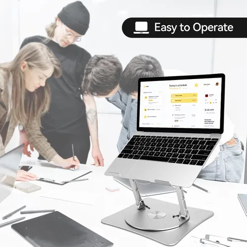 Vista 4 de Soporte ajustable para computadora con base giratoria de 360°, elevador ergonómico plegable para computadora de escritorio, soporte de computadora