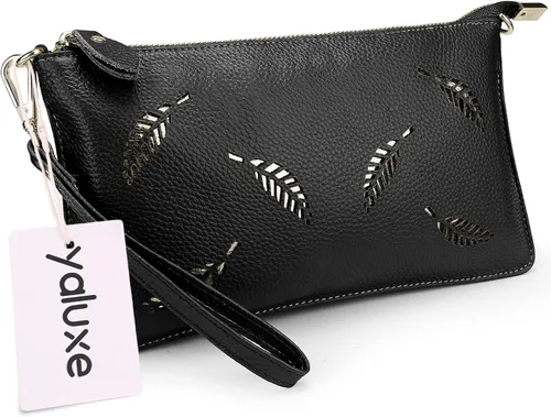 Vista 2 de YALUXE Clutch Wristlet - Cartera de piel auténtica con bloqueo RFID y cadena de hombro