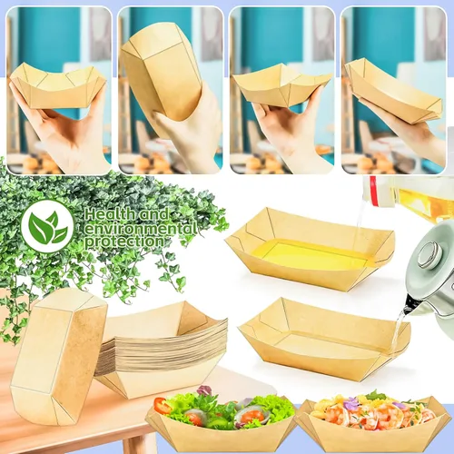 Vista 3 de MotBach Paquete de 120 bandejas de papel desechables de 2 libras de papel para barcos, bandeja de servir comida kraft, cestas para aperitivos
