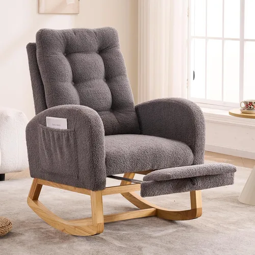 Vista 13 de Mecedora con reposapiés para cuarto de bebé, silla mecedora tapizada de peluche con bolsillo lateral, patas de madera maciza, respaldo alto