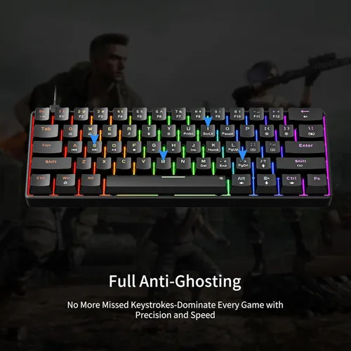 Vista 4 de Newmen GM611 - Teclado mecánico con retroiluminación LED arco iris, para juegos, con cable, compacto, mini 61 teclas, portátil, 60 % teclado