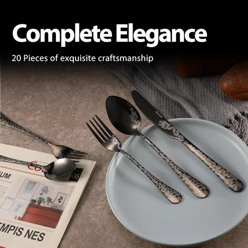 Vista 5 de Hagary Juego de cubiertos de dragón de 20 piezas de acero inoxidable para 4 utensilios para el hogar, cocina, boda, grabado láser, apto