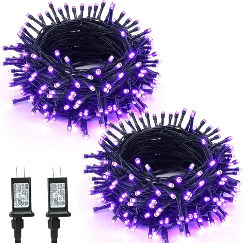 Vista 10 de BrizLabs Luces de Halloween naranjas y moradas, 78.74 pies, 240 luces LED naranjas conectables, 8 modos de luz de Halloween morada para exteriores