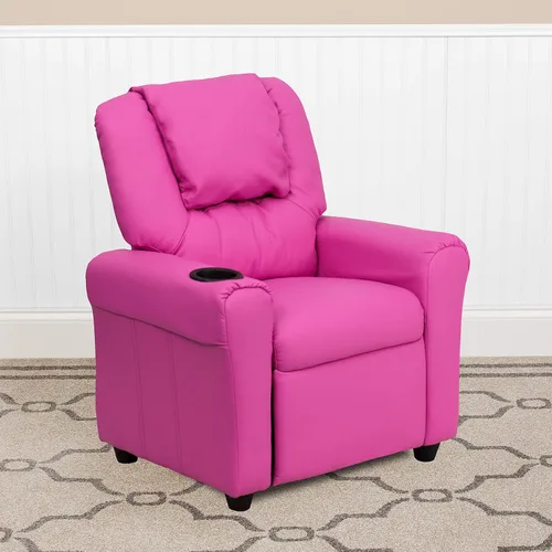Vista 12 de EMMA + OLIVER Sillón reclinable infantil de vinilo beige con portavasos y reposacabezas