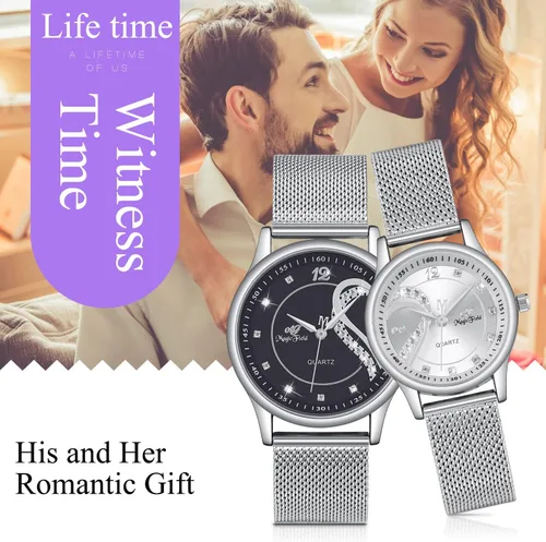 Vista 4 de Relojes para parejas, regalos para el día de San Valentín, románticos, con esfera de corazón, de cuarzo, de acero inoxidable, con caja de regalo