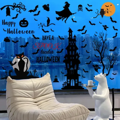 Vista 5 de Calcomanías de pared de Halloween, decoración alta de murciélagos de castillo antiguo para el hogar, ventana, habitación de los niños, guardería