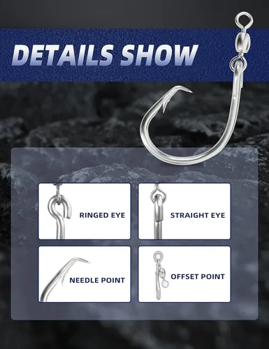 Vista 2 de BLUEWING Gancho circular compensado con giratorio, 5 piezas/10 piezas de ganchos de pesca de acero inoxidable, ganchos de caza grandes, ganchos