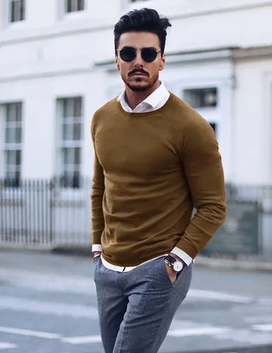 Vista 2 de COOFANDY Suéter de cuello redondo para hombre, ajuste delgado, ligero, suéter de punto para uso casual o elegante