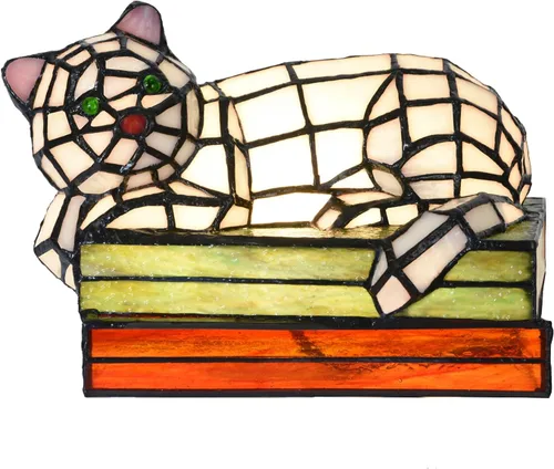 A0021 Tiffany Style Stained Glass Cat Table Lamp - Cute Kitten on Books Nightstand Lamp, Vintage Animal Accent Lamp for Bedroom, Living Room,